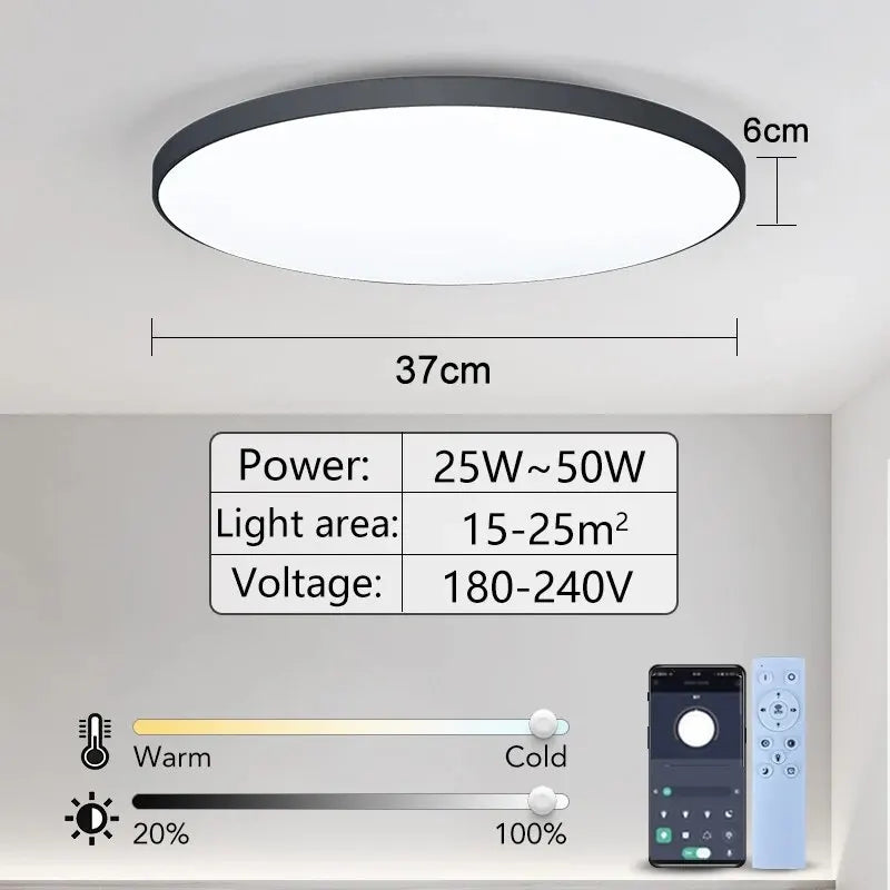 LED Ceiling Light — Smart Dimmable App Remote Control, 3000–6000K, Black White, Bedroom Living Room