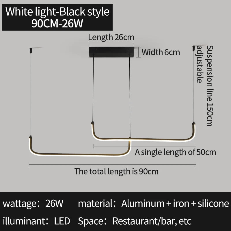 Gold Pendant Light — 26W Dimmable Linear Dining Room Chandelier, Adjustable Height, Gold Black