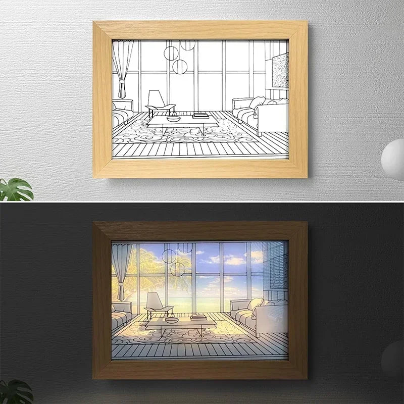 LED Art Painting Lamp — Dimmable 3 Color Modes, Wood Frame, USB, Bedroom Night Light