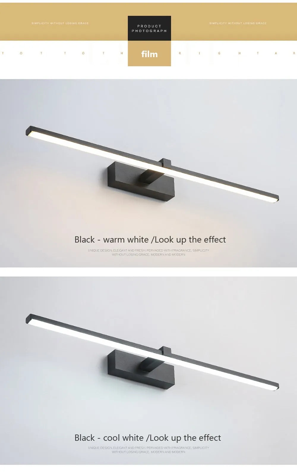 Bathroom Vanity Mirror Wall Light — Touch Switch, Slim Aluminum, Makeup Light, Black White