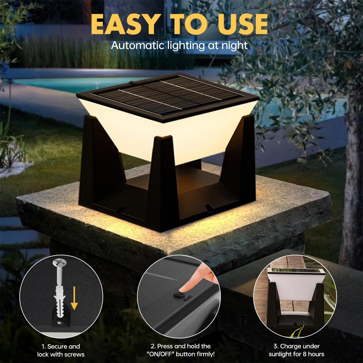 Solar Post Cap Light — Art Deco Flat Top Fence Pillar Light, IP65 Waterproof, 3 Sizes