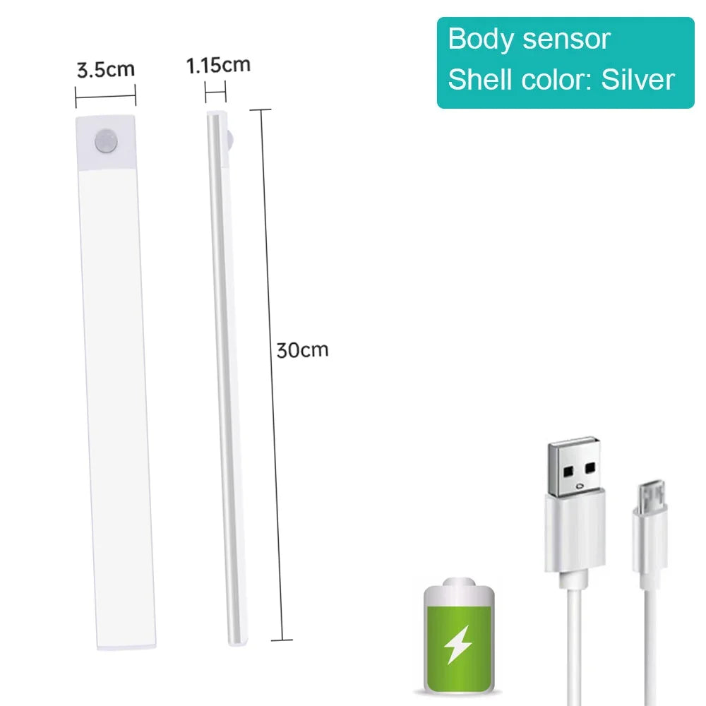 LED Under Cabinet Bar Light — Motion Sensor, Rechargeable, Magnetic Mount, Aluminum, Kitchen Closet