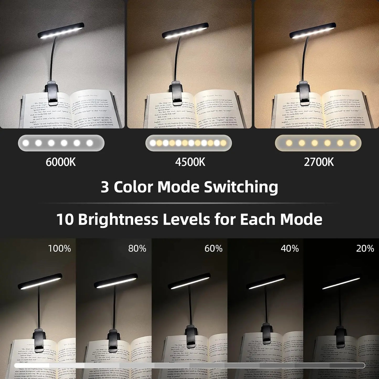 LED Book Light — USB Rechargeable, 3 Color Temps, Flexible Clip, Portable Reading Lamp