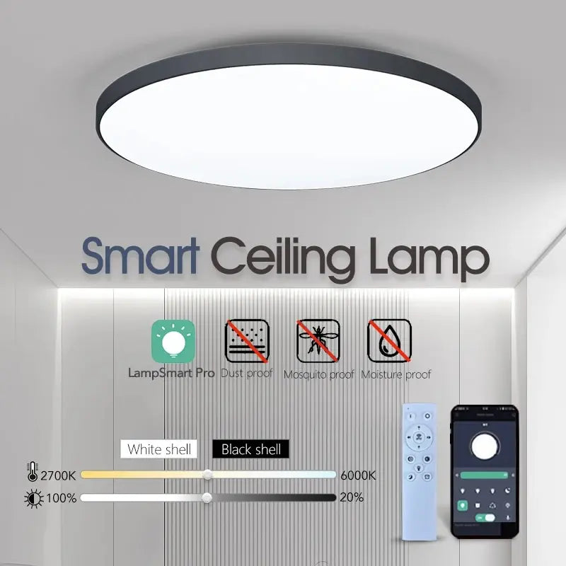 LED Ceiling Light — Smart Dimmable App Remote Control, 3000–6000K, Black White, Bedroom Living Room