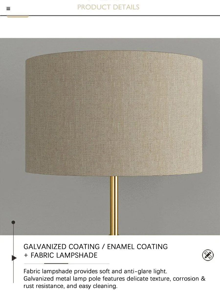Floor Lamp — Nordic Minimalist Standing Light, Black Gold, Linen Shade, Bedroom Living Room