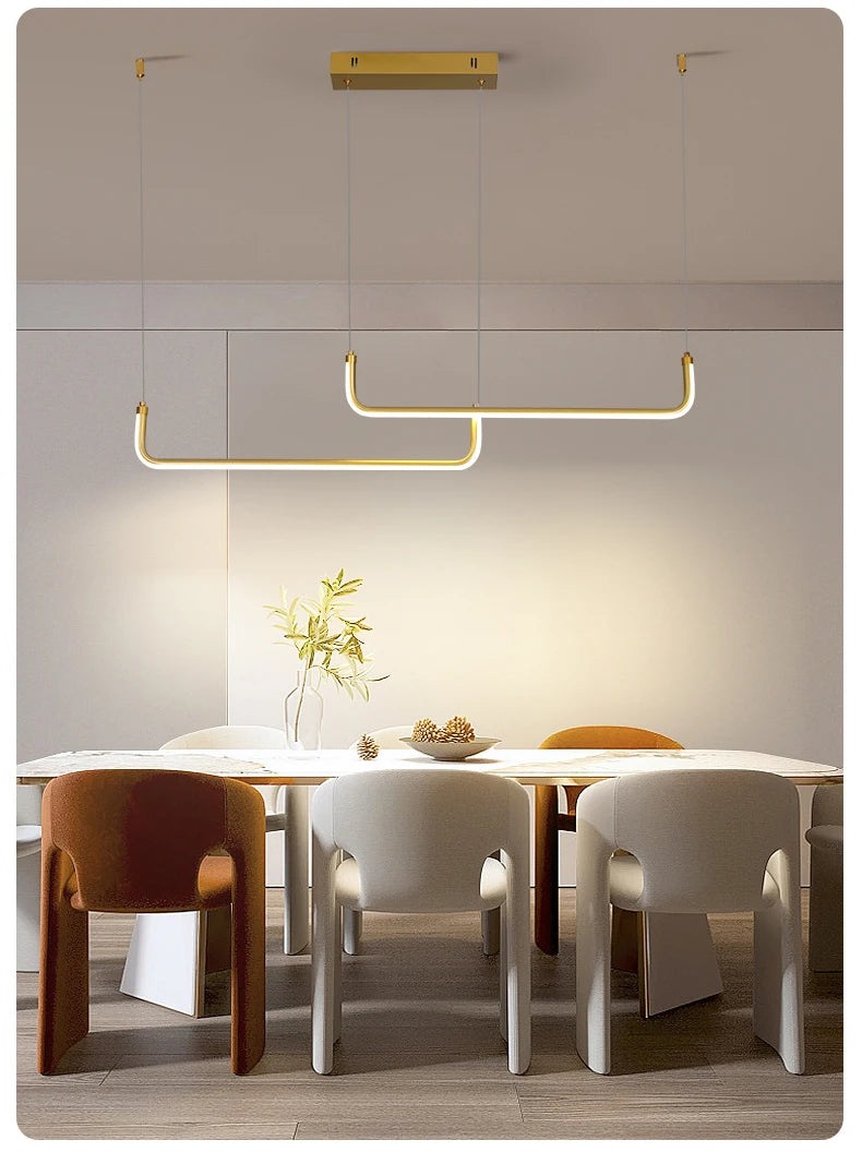 Gold Pendant Light — 26W Dimmable Linear Dining Room Chandelier, Adjustable Height, Gold Black