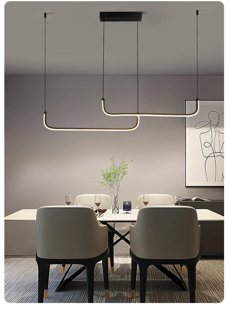 Gold Pendant Light — 26W Dimmable Linear Dining Room Chandelier, Adjustable Height, Gold Black