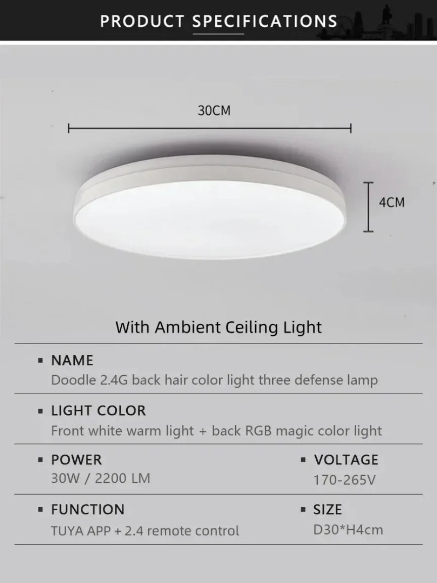 LED Ceiling Light — Smart RGB Tuya App Control, Dimmable Ambient Backlight, Music Sync, Living Room