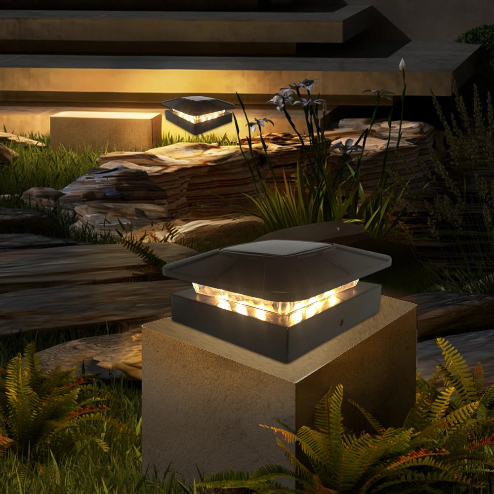 Solar Post Cap Lights — 4-Inch Fence Post Solar Light, IP65 Waterproof, 3 Color Modes, Yard Deck