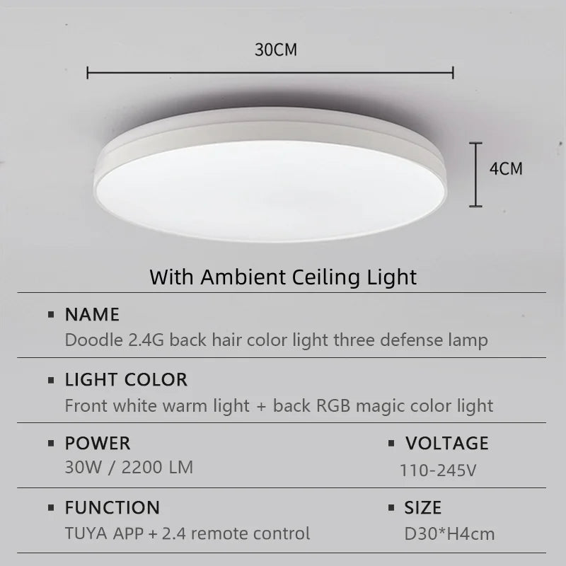 LED Ceiling Light — Smart RGB Tuya App Control, Dimmable Ambient Backlight, Music Sync, Living Room