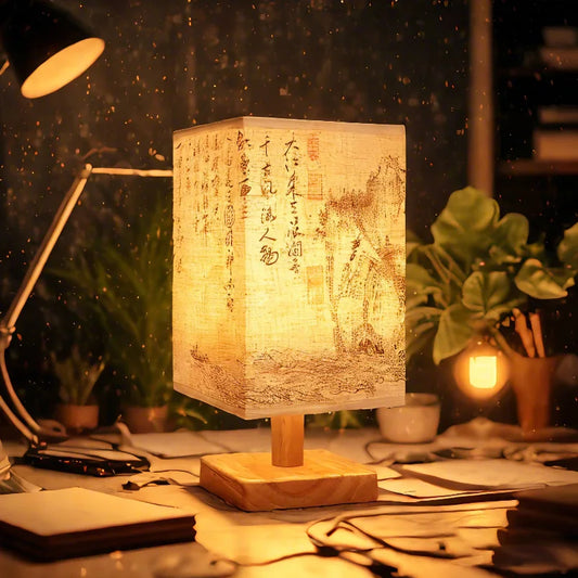 LED Bedside Table Lamp — Dimmable Wood & Linen Fabric Shade, Chinese Style, USB Plug
