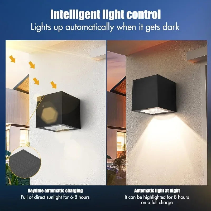 Solar Wall Sconce — Square Outdoor Garden Light, Warm White RGB, IP Waterproof, Porch Fence
