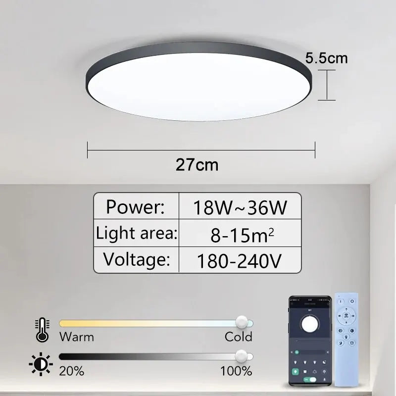 LED Ceiling Light — Smart Dimmable App Remote Control, 3000–6000K, Black White, Bedroom Living Room