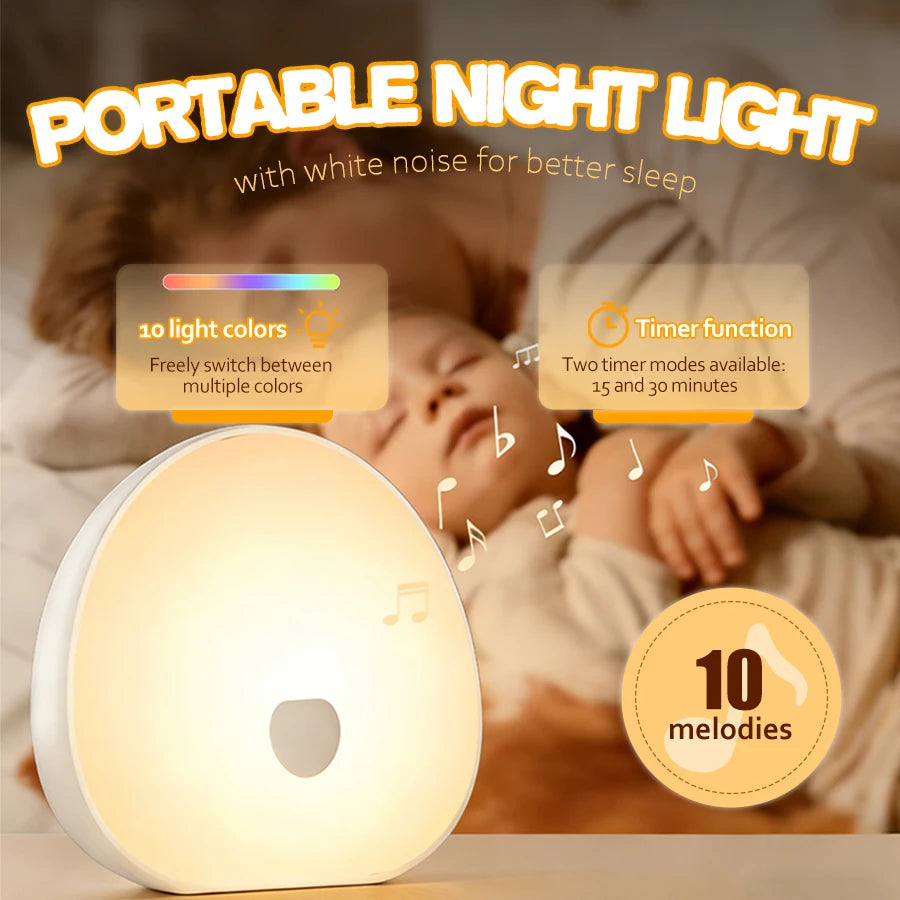 Mini Night Light with White Noise — 10 Sounds, Color Lighting, Timer, Rechargeable, Portable