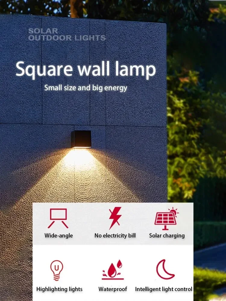 Solar Wall Sconce — Square Outdoor Garden Light, Warm White RGB, IP Waterproof, Porch Fence