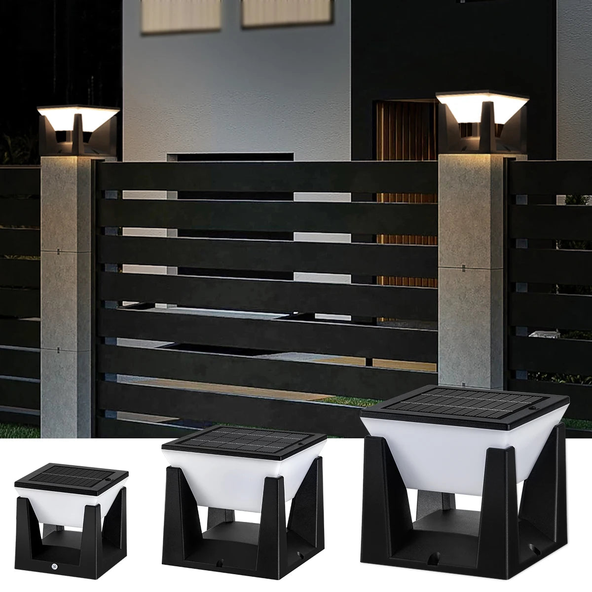 Solar Post Cap Light — Art Deco Flat Top Fence Pillar Light, IP65 Waterproof, 3 Sizes